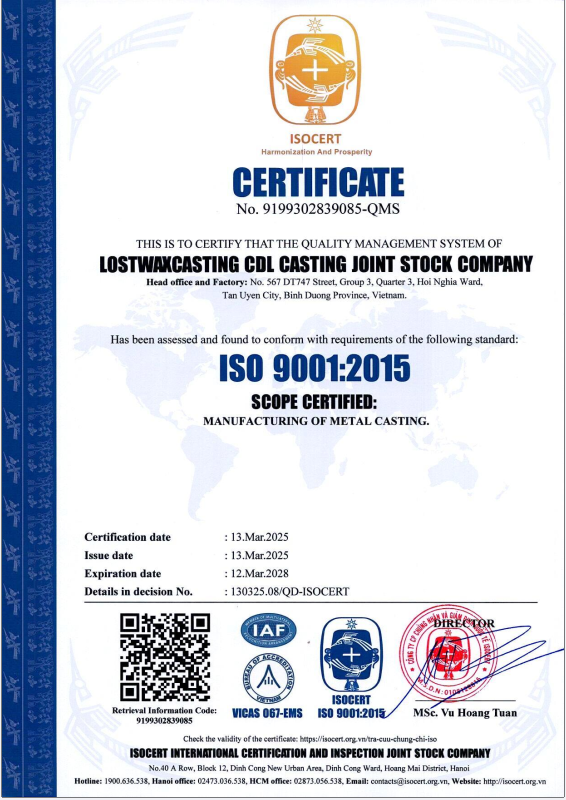 CÔNG TY CỔ PHẦN ĐÚC LOSTWAXCASTING CDL ĐẠT CHỨNG NHẬN ISO 9001:2015